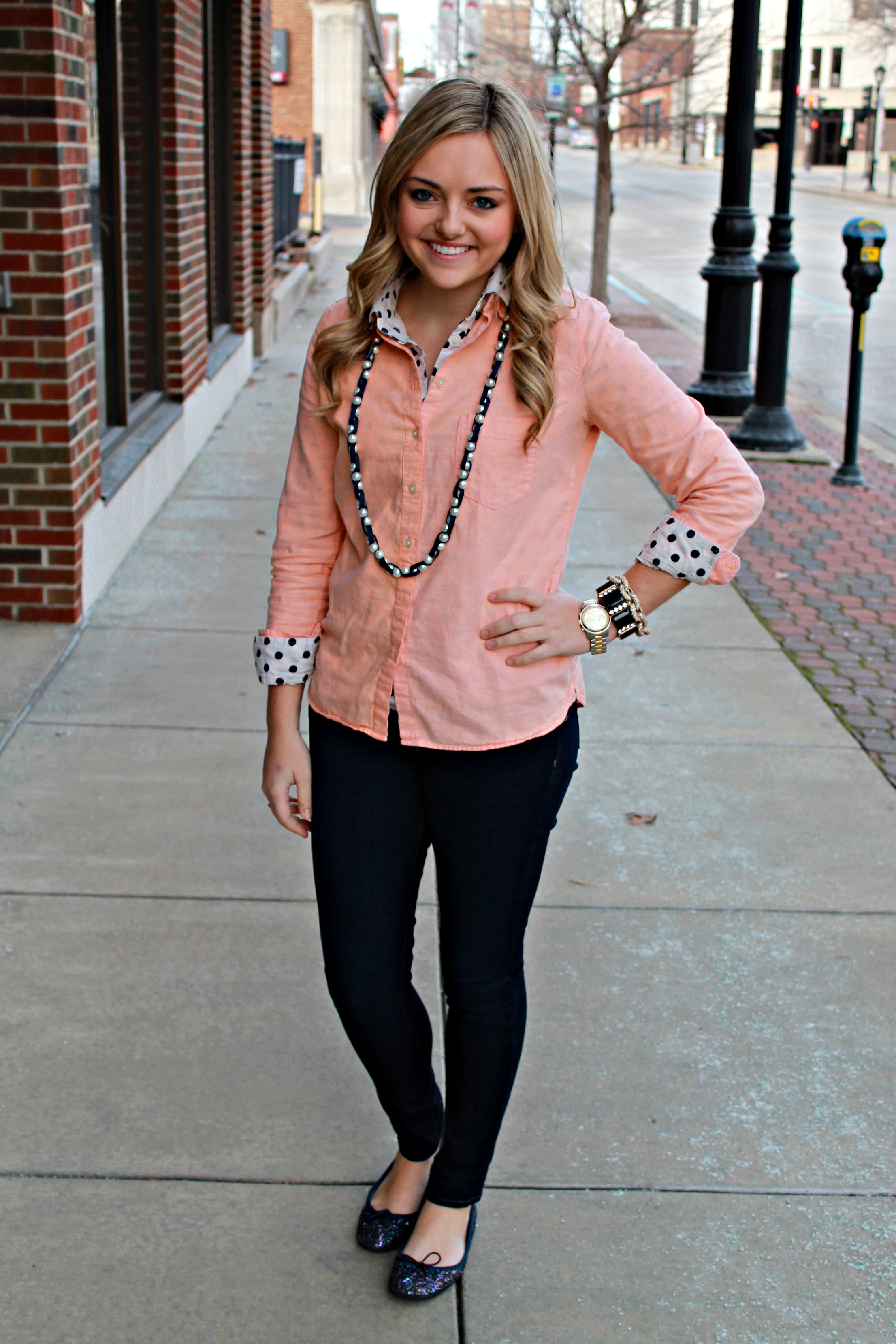 Peach & Navy Outfit — bows & sequins